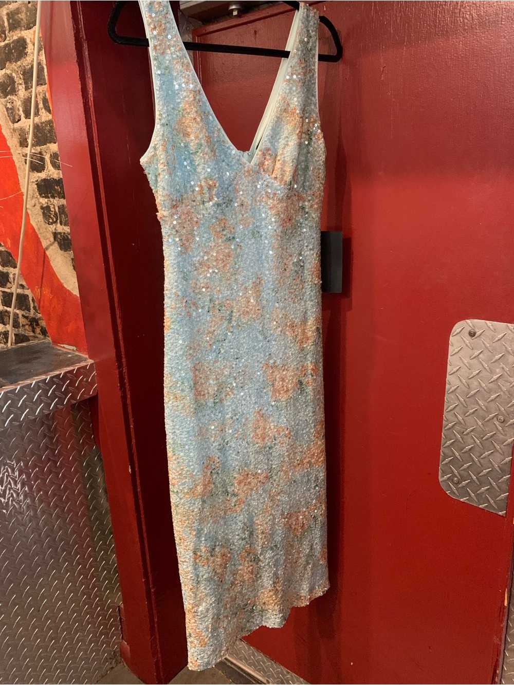 Lulu's Light Blue & Rose Gold Sequin V-Neck Midi Dress